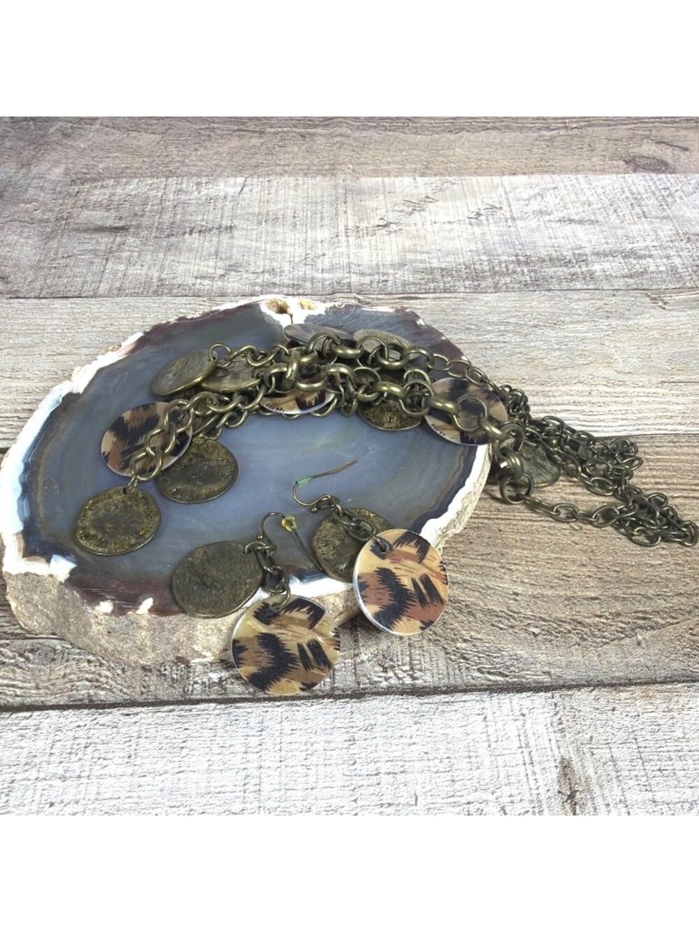 VTG Artisan Safari Leopard Print Statement Bib Necklace Earring Set Boho Chic - Picture 11 of 11